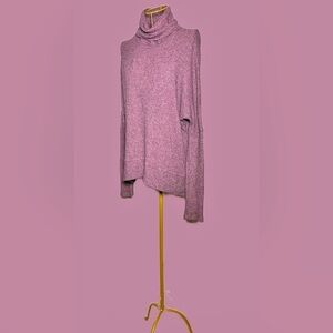 Halo Heather Eggplant High-Low Turtleneck Knit Sweater w/ Long Raglan Sleeves, M